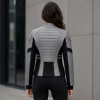 Women's Grey Black Leather Moto Jacket | Zip-Up Biker Style Jacket