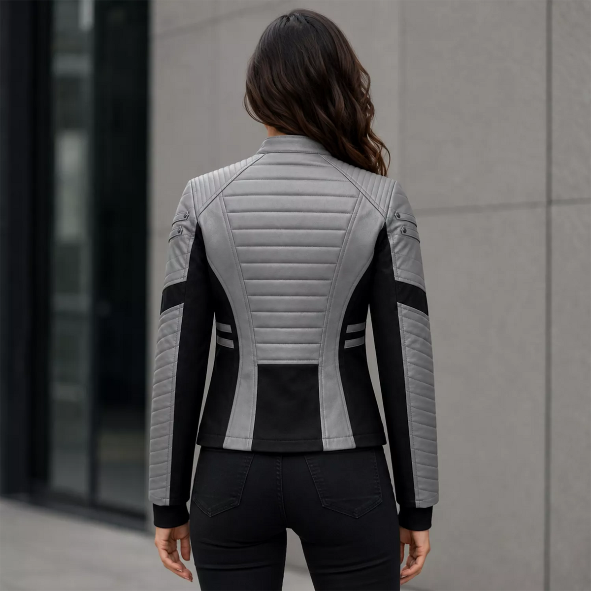 Women's Grey Black Leather Moto Jacket | Zip-Up Biker Style Jacket