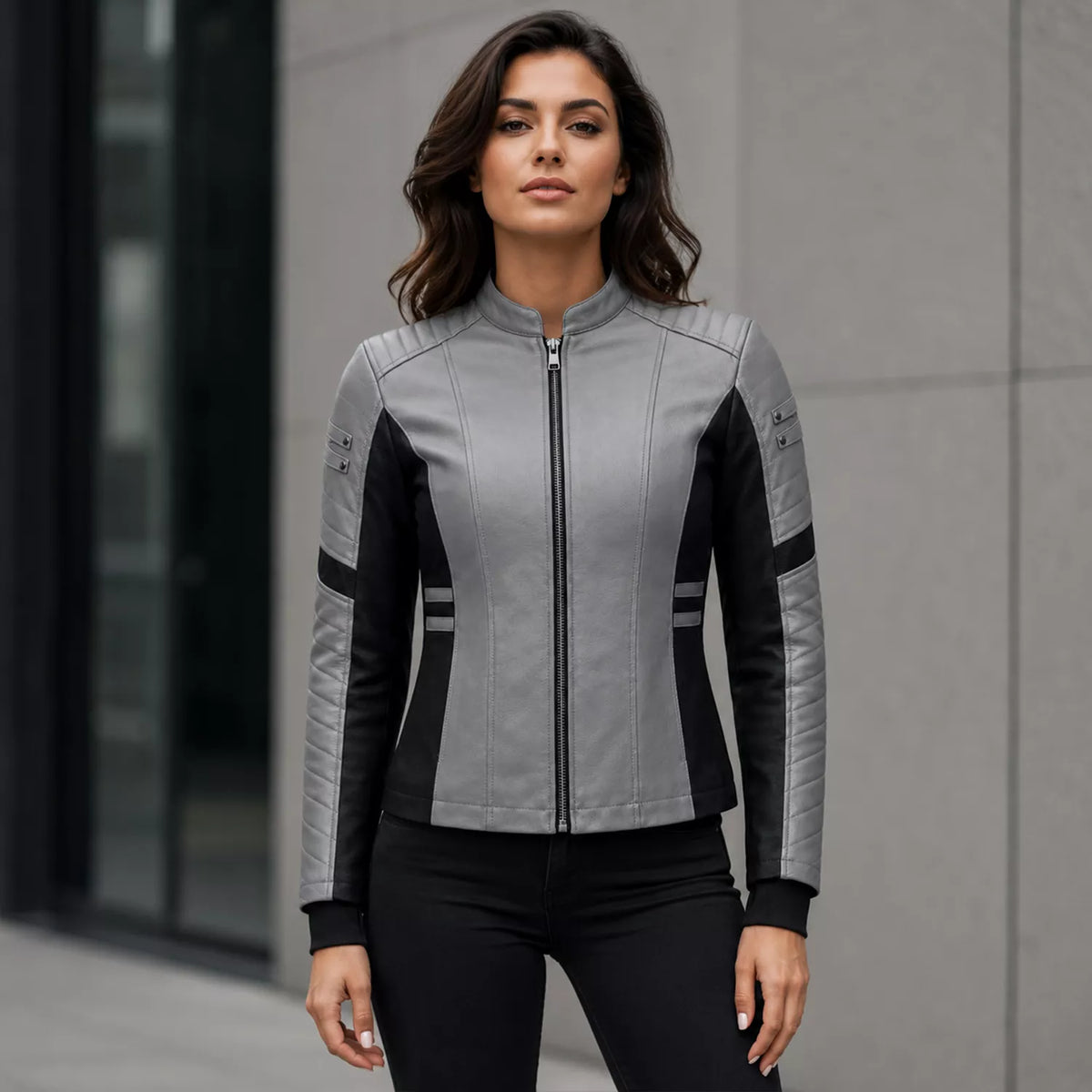 Women's Grey Black Leather Moto Jacket | Zip-Up Biker Style Jacket