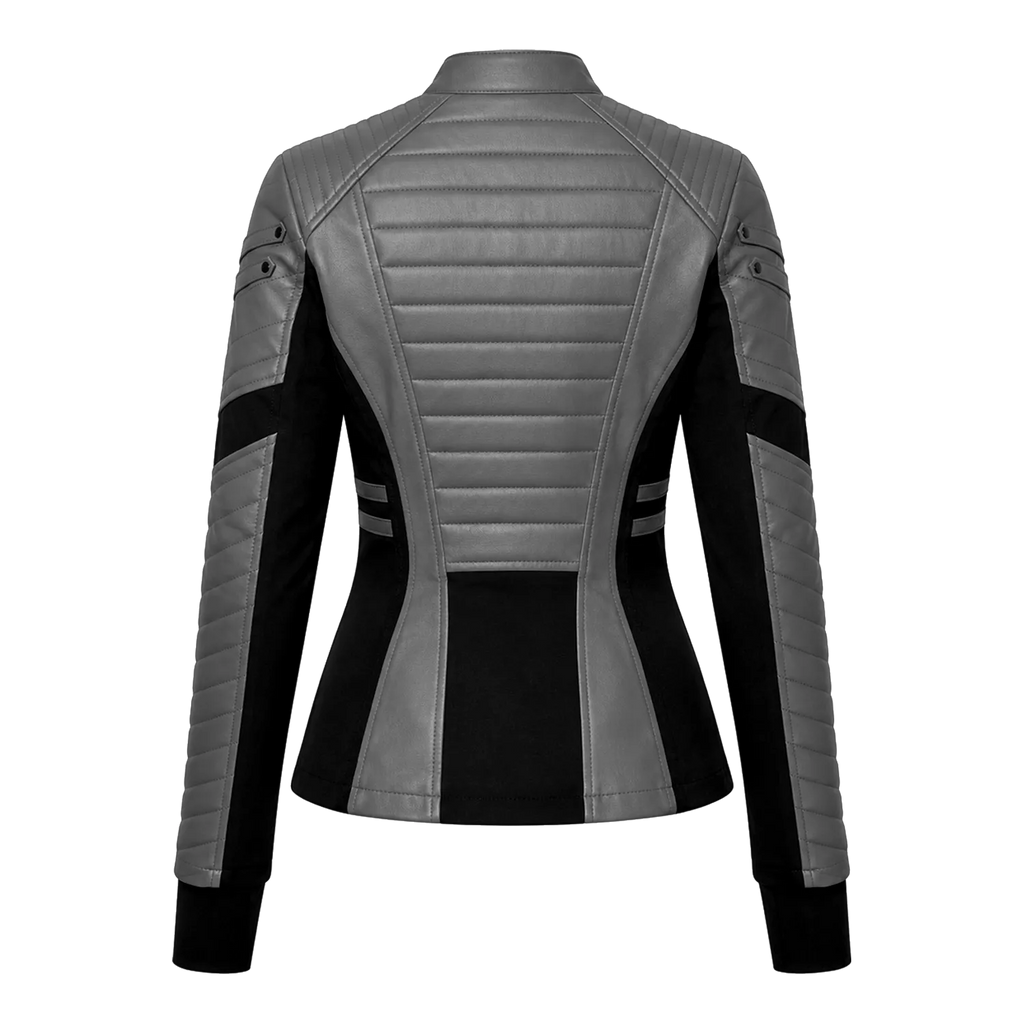 Women's Grey Black Leather Moto Jacket | Zip-Up Biker Style Jacket