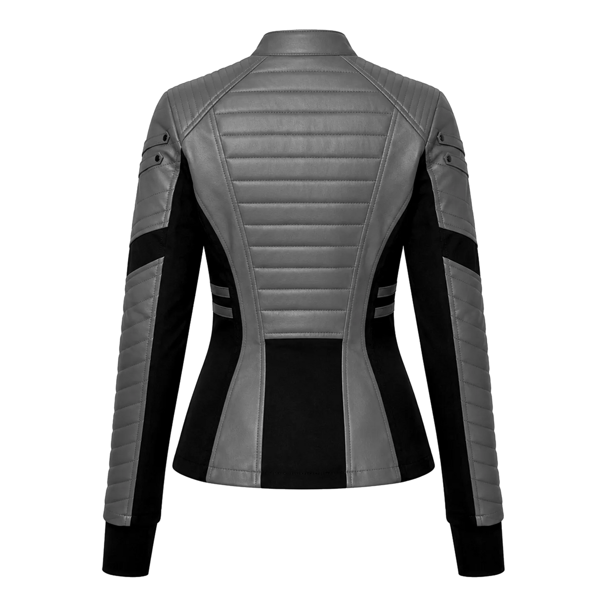 Women's Grey Black Leather Moto Jacket | Zip-Up Biker Style Jacket
