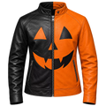 Women's Halloween Leather Jacket | Black & Orange Pumpkin Face Zip Up Biker Jacket