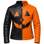 Women's Halloween Leather Jacket | Black & Orange Pumpkin Face Zip Up Biker Jacket