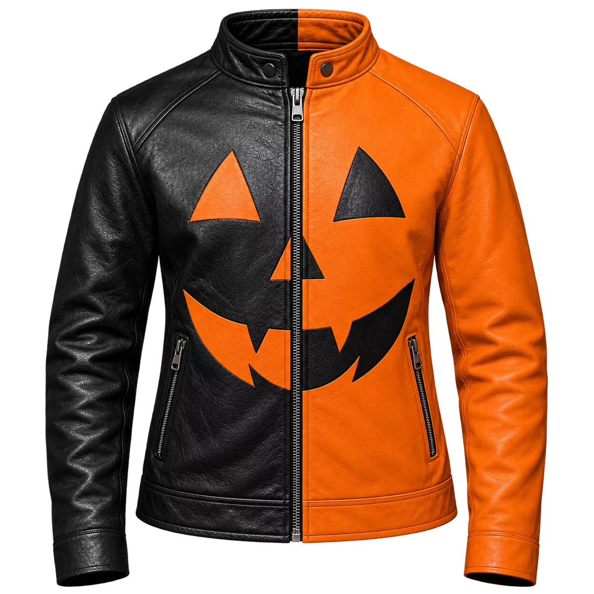 Women's Halloween Leather Jacket | Black & Orange Pumpkin Face Zip Up Biker Jacket