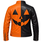 Women's Halloween Leather Jacket | Black & Orange Pumpkin Face Zip Up Biker Jacket
