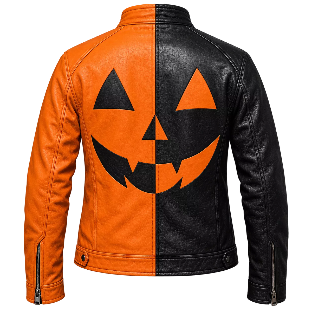 Women's Halloween Leather Jacket | Black & Orange Pumpkin Face Zip Up Biker Jacket