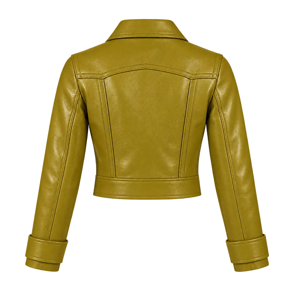 Women’s Olive Green Cropped Leather Jacket | Western Zip-Up Jacket
