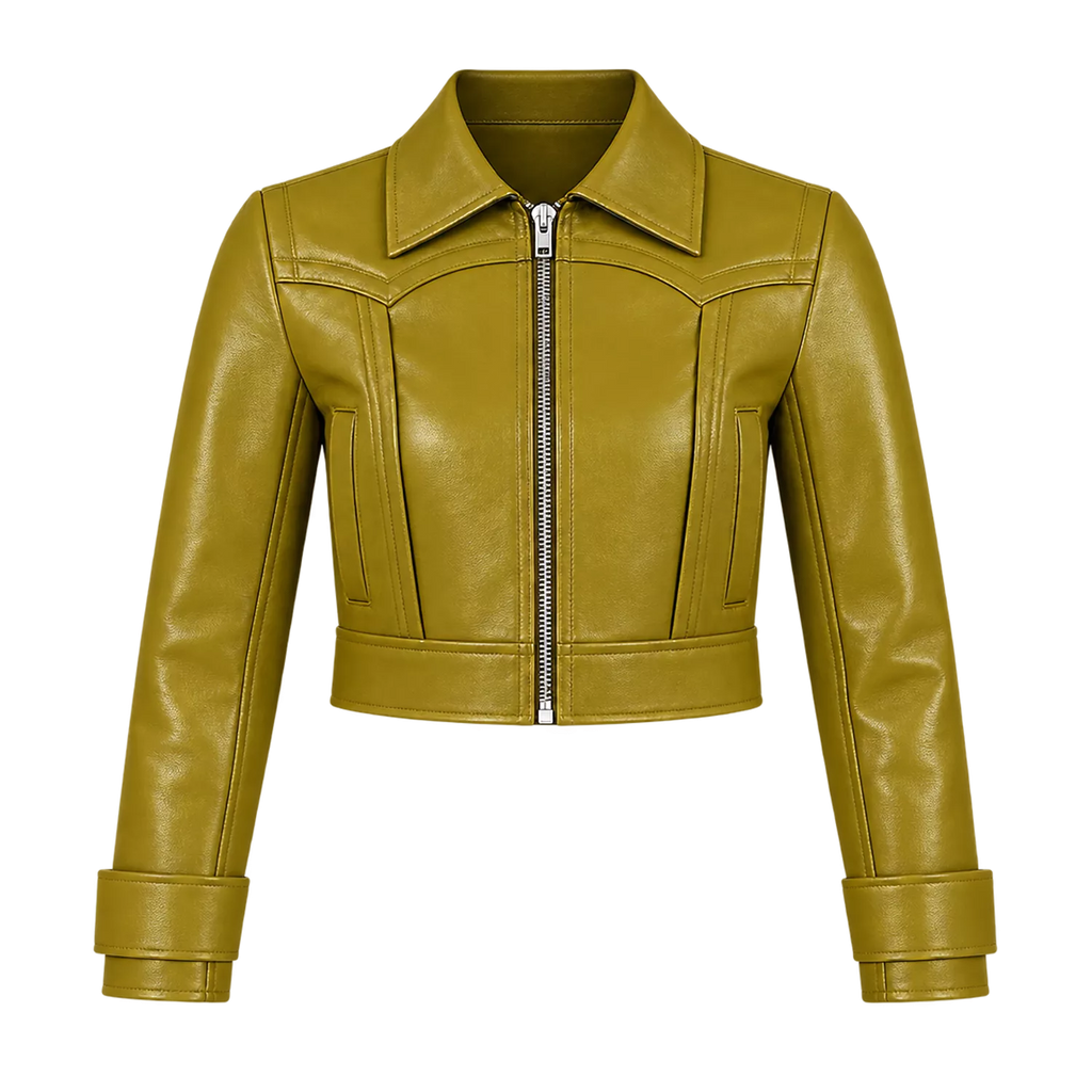 Women’s Olive Green Cropped Leather Jacket | Western Zip-Up Jacket