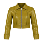 Women’s Olive Green Cropped Leather Jacket | Western Zip-Up Jacket