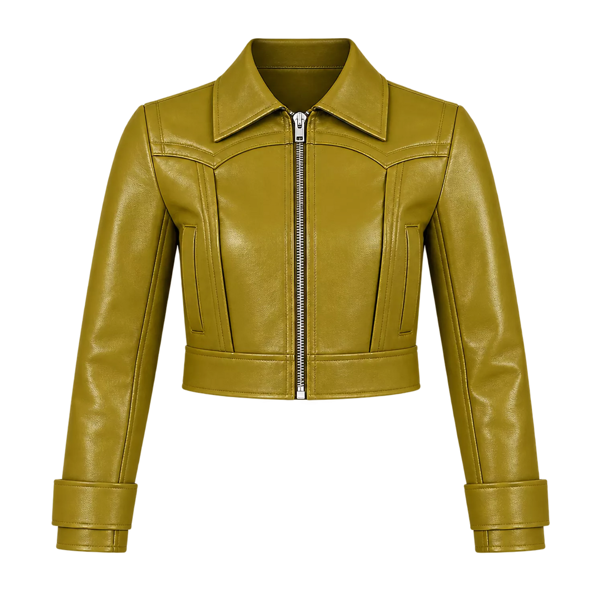 Women’s Olive Green Cropped Leather Jacket | Western Zip-Up Jacket