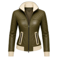 Women’s Olive Green Quilted Leather Bomber Jacket  Zip-Up Ribbed Trim Jacket