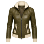 Women’s Olive Green Quilted Leather Bomber Jacket  Zip-Up Ribbed Trim Jacket