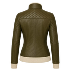 Women’s Olive Green Quilted Leather Bomber Jacket  Zip-Up Ribbed Trim Jacket