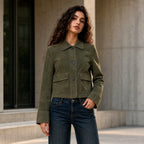 Women’s Olive Green Suede Jacket | Stylish Cropped Leather Jacket for Women