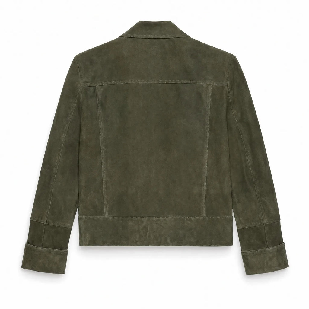 Women’s Olive Green Suede Jacket | Stylish Cropped Leather Jacket for Women