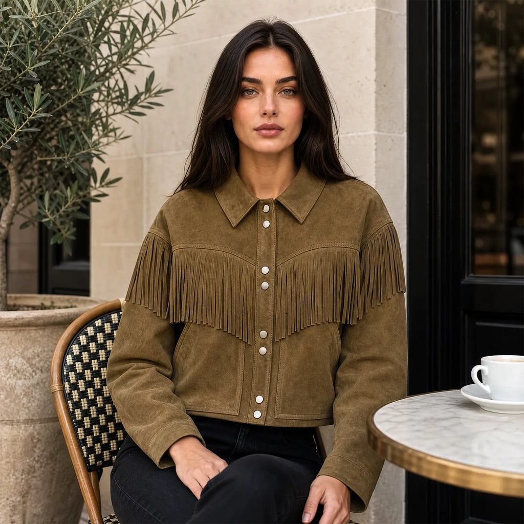 Women’s Olive Suede Fringe Jacket | Boho Inspired Leather Western Style Outerwear