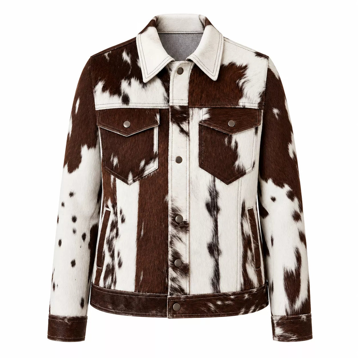Women's Real Hair On Hide Cowhide Jacket | Brown White Western Leather Trucker Jacket
