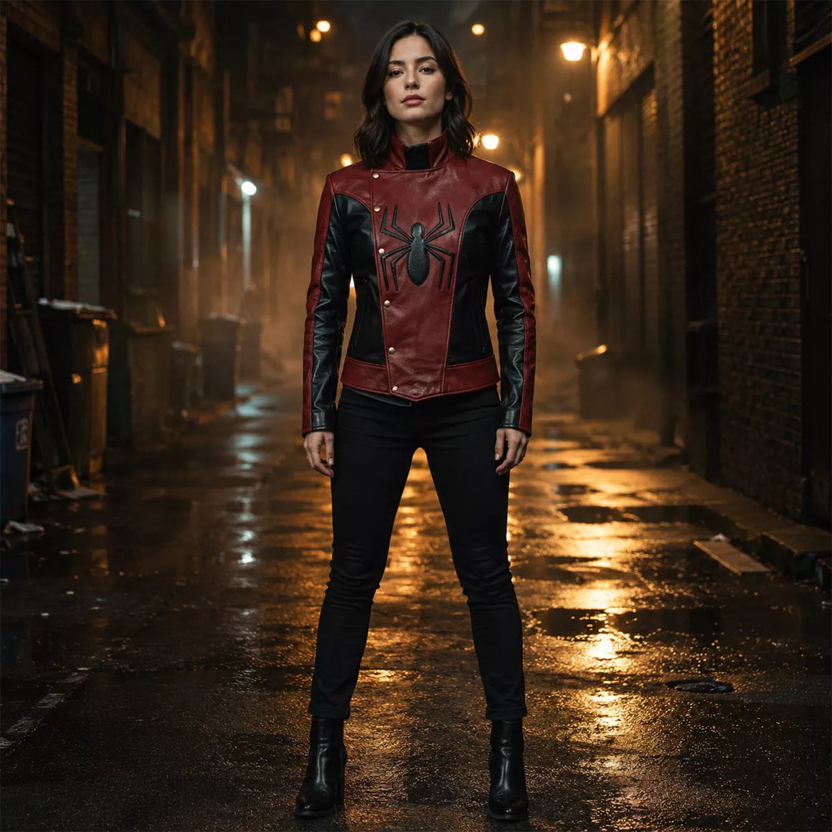 Women’s Red Black Spider Emblem Leather Jacket | Biker Style Moto Jacket