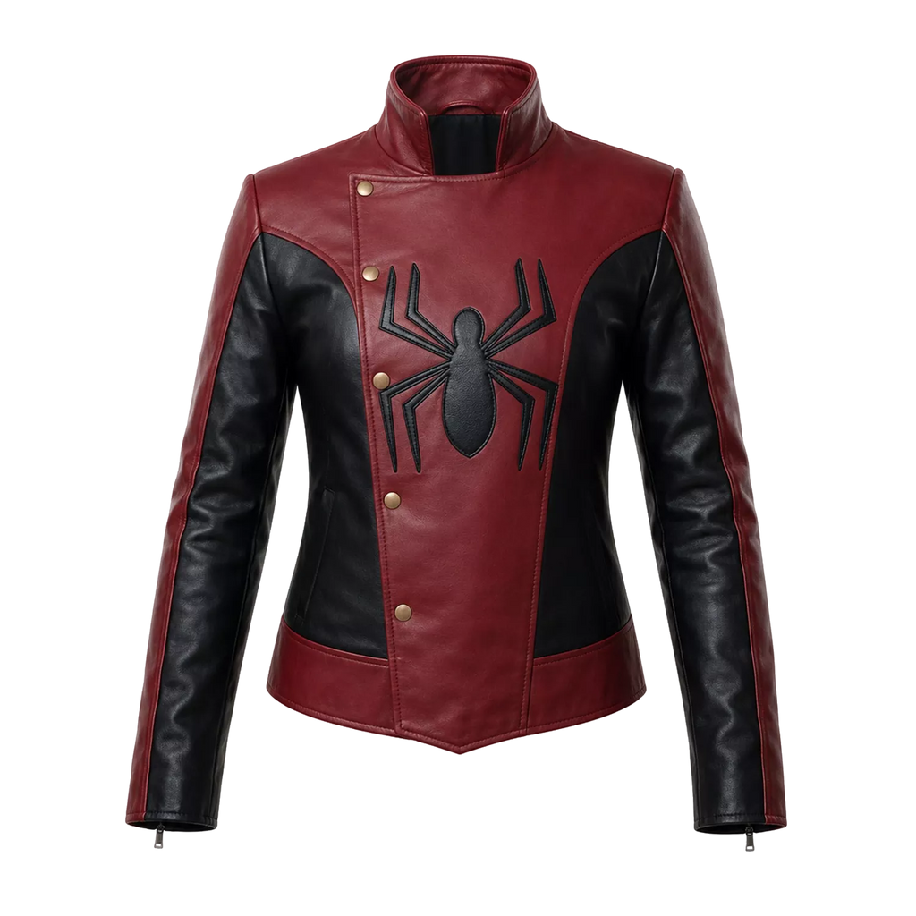 Women’s Red Black Spider Emblem Leather Jacket | Biker Style Moto Jacket
