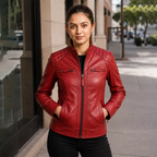 Women’s Red Quilted Leather Biker Jacket | Cafe Racer Zip Jacket