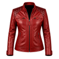Women’s Red Quilted Leather Biker Jacket | Cafe Racer Zip Jacket