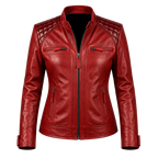 Women’s Red Quilted Leather Biker Jacket | Cafe Racer Zip Jacket