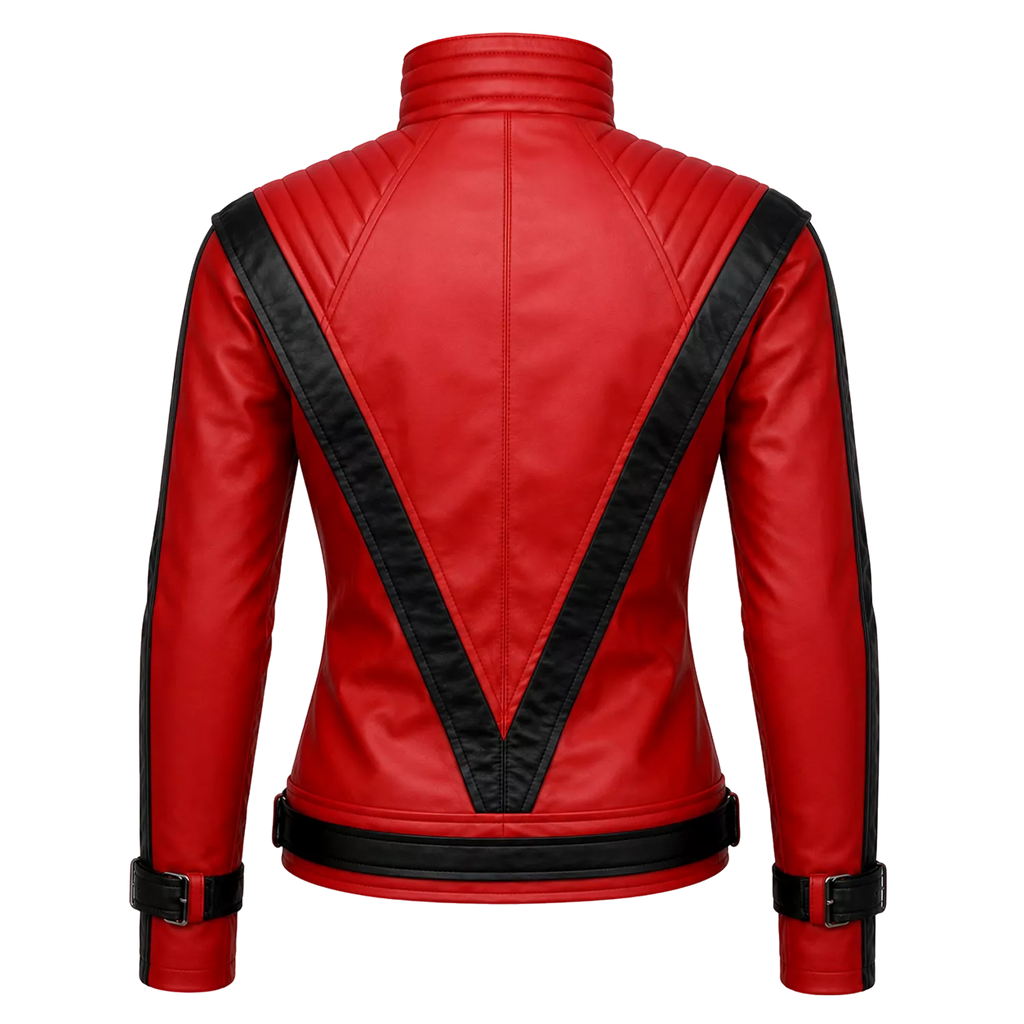 Women's Red and Black Retro Leather Jacket  Fashion Biker Style Outerwear