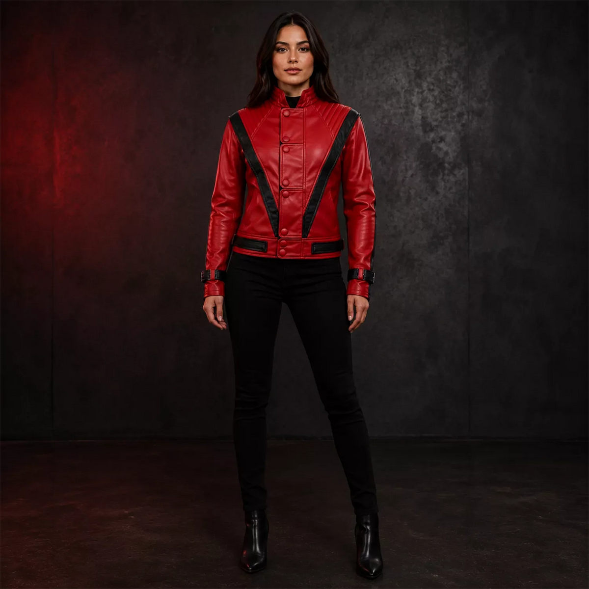 Women's Red and Black Retro Leather Jacket  Fashion Biker Style Outerwear