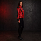 Women's Red and Black Retro Leather Jacket  Fashion Biker Style Outerwear