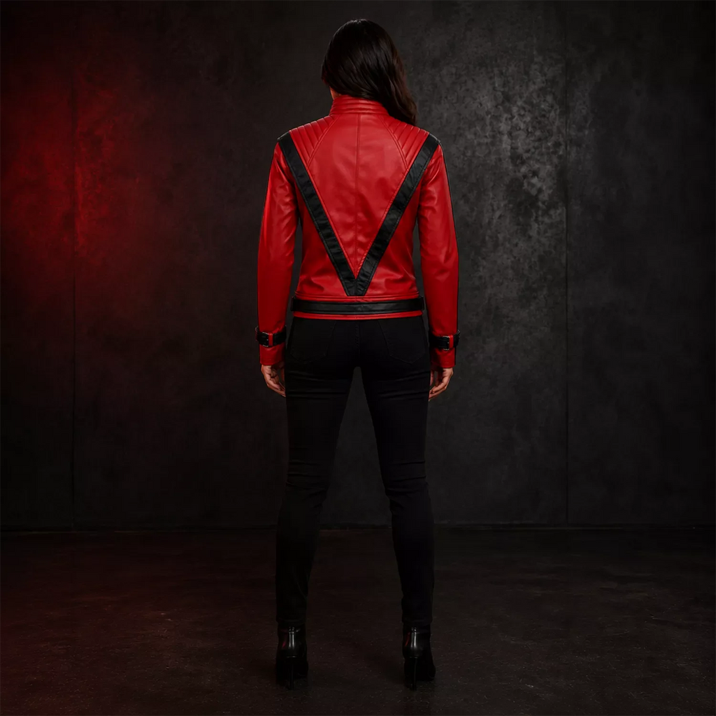 Women's Red and Black Retro Leather Jacket  Fashion Biker Style Outerwear