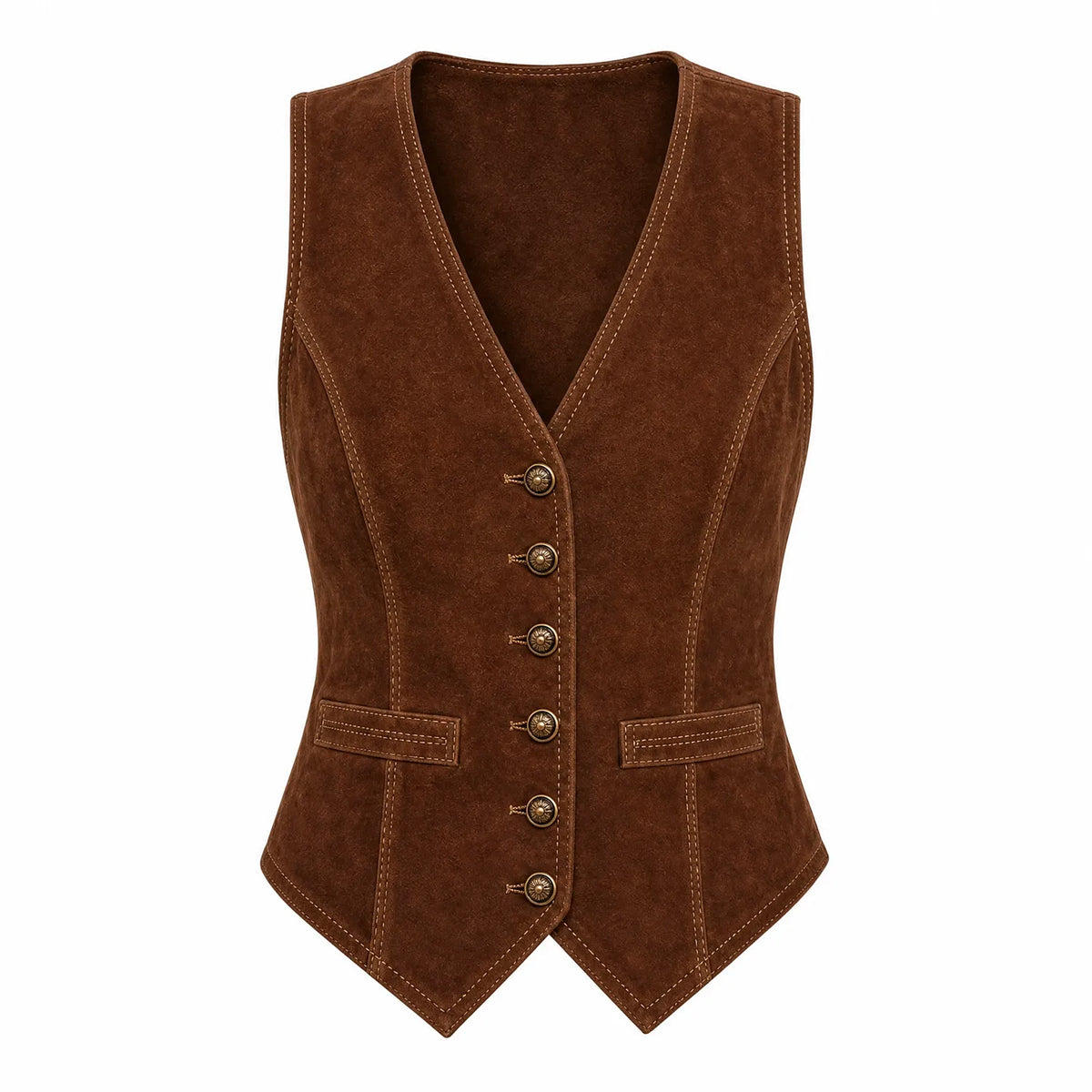 Women’s Suede Leather Vest | Tailored Button Front Sleeveless Waistcoat with Pockets