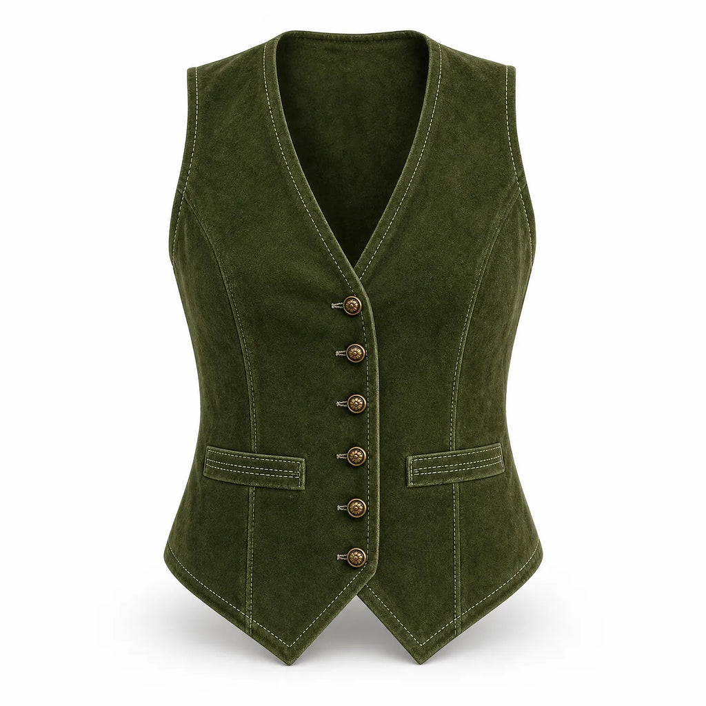 Women’s Suede Leather Vest | Tailored Button Front Sleeveless Waistcoat with Pockets