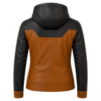 Women’s Tan Black Hooded Leather Biker Jacket | Zip-Up Moto Jacket