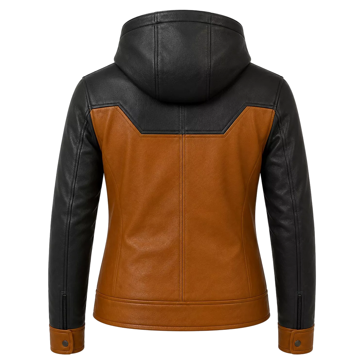 Women’s Tan Black Hooded Leather Biker Jacket | Zip-Up Moto Jacket