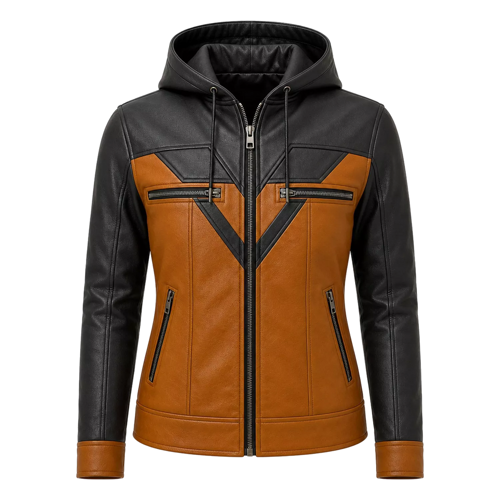 Women’s Tan Black Hooded Leather Biker Jacket | Zip-Up Moto Jacket