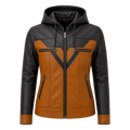 Women’s Tan Black Hooded Leather Biker Jacket | Zip-Up Moto Jacket