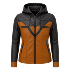 Women’s Tan Black Hooded Leather Biker Jacket | Zip-Up Moto Jacket