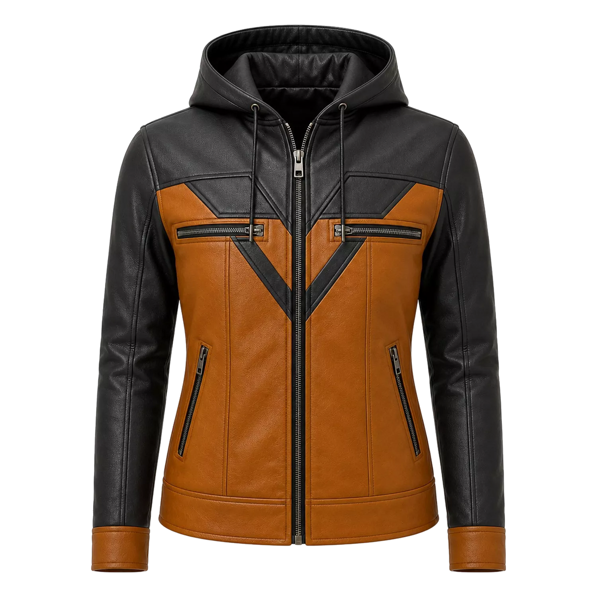 Women’s Tan Black Hooded Leather Biker Jacket | Zip-Up Moto Jacket