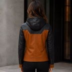 Women’s Tan Black Hooded Leather Biker Jacket | Zip-Up Moto Jacket
