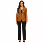 Women’s Tan Brown Leather Blazer | Classic Notch Lapel Blazer