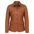 Women’s Tan Brown Leather Safari Blazer Jacket | Button-Up Utility Coat