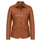 Women’s Tan Brown Leather Safari Blazer Jacket | Button-Up Utility Coat