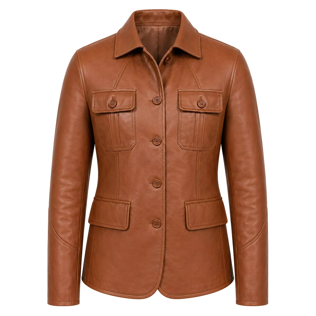 Women’s Tan Brown Leather Safari Blazer Jacket | Button-Up Utility Coat