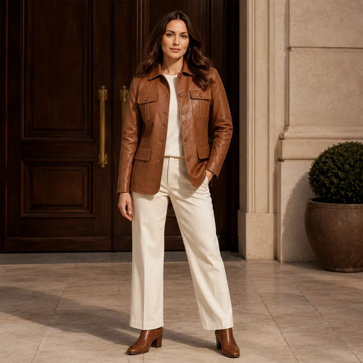 Women’s Tan Brown Leather Safari Blazer Jacket | Button-Up Utility Coat