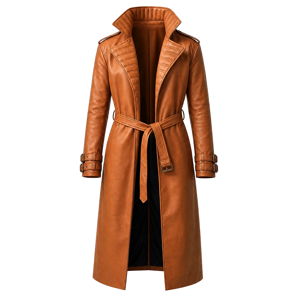 Women’s Tan Brown Leather Trench Coat |  Belted Longline Classic Style
