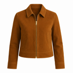 Women’s Tan Brown Suede Trucker Jacket | Zip-Up Collared Casual Jacket