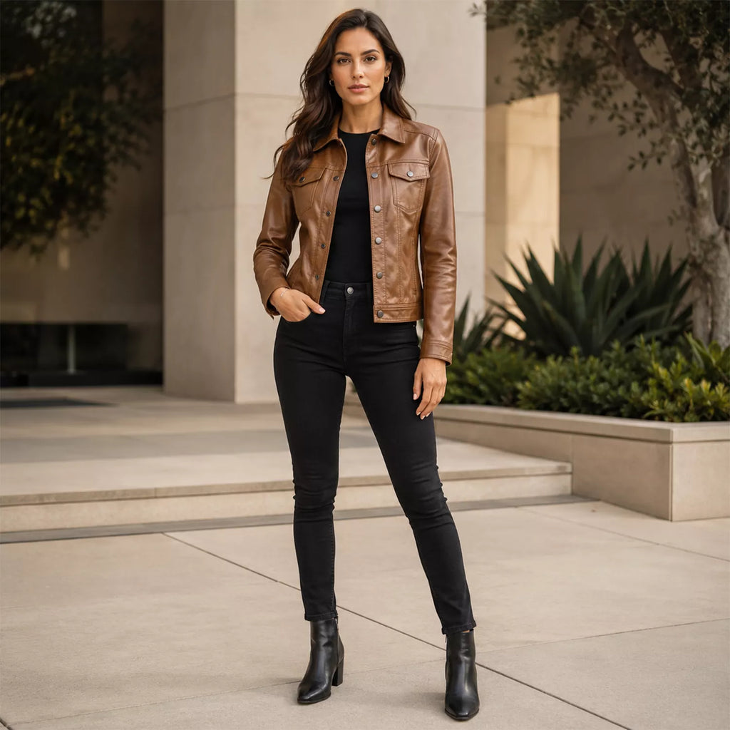 Women’s Tan Leather Trucker Jacket | Classic Western Style