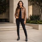 Women’s Tan Leather Trucker Jacket | Classic Western Style