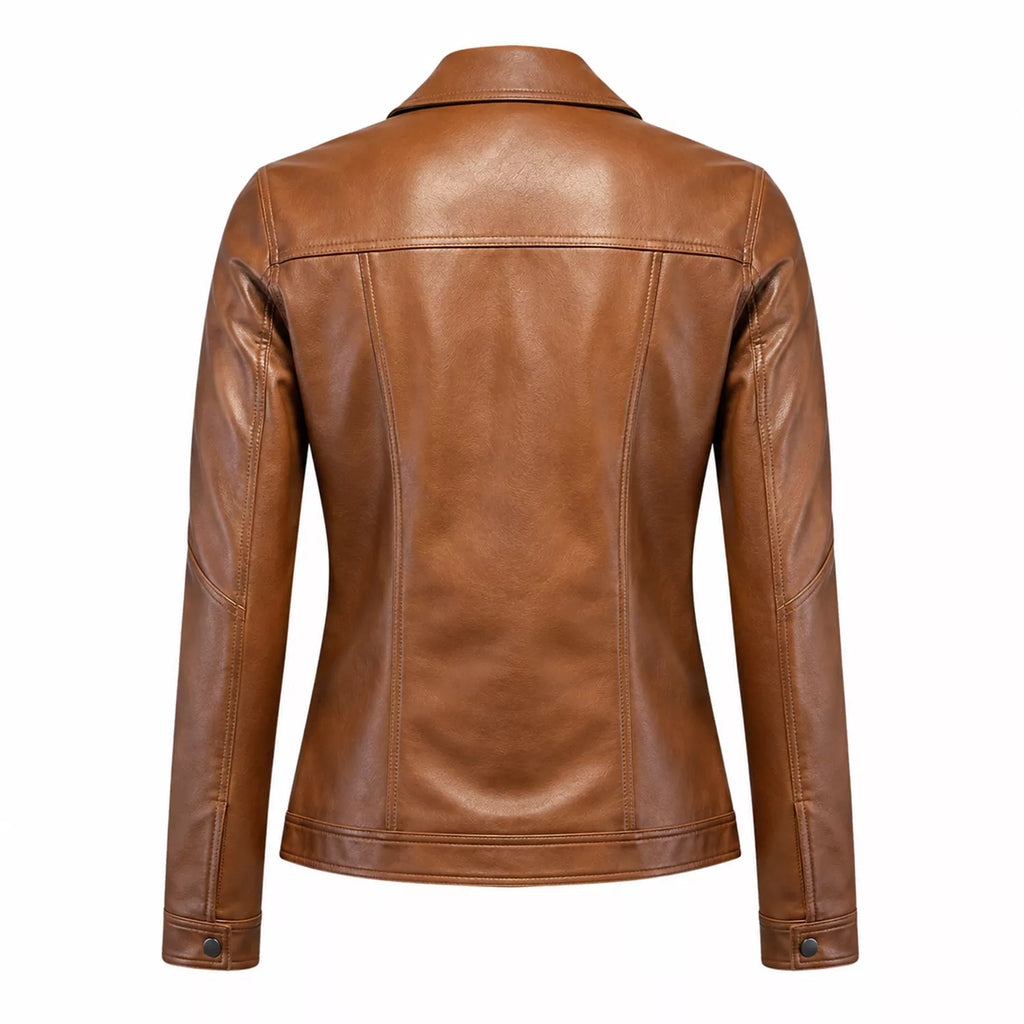 Women’s Tan Leather Trucker Jacket | Classic Western Style
