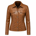 Women’s Tan Leather Trucker Jacket | Classic Western Style